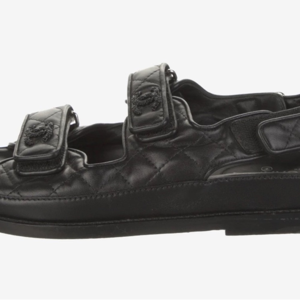 CHANEL Black Quilted Leather Velcro Sandals with CC Logo - Picture 3 of 5